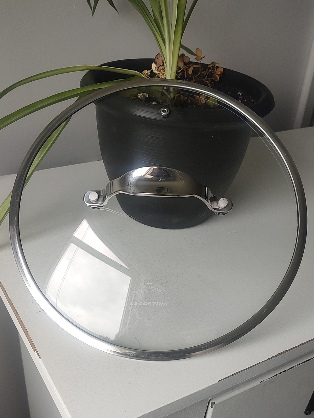 Round Lagostina Tempered Glass Pot Lid With A Stainless Steel Rim & Loop Handle